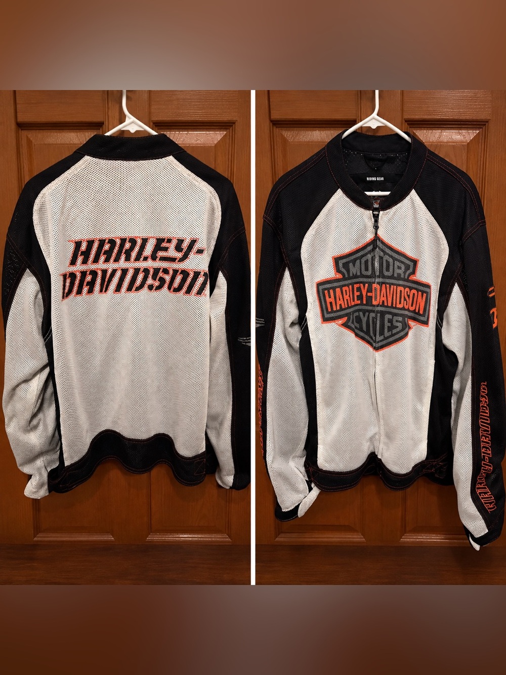 Harley-Davidson Black And White Riding Jacket with Orange Accent Stitching.